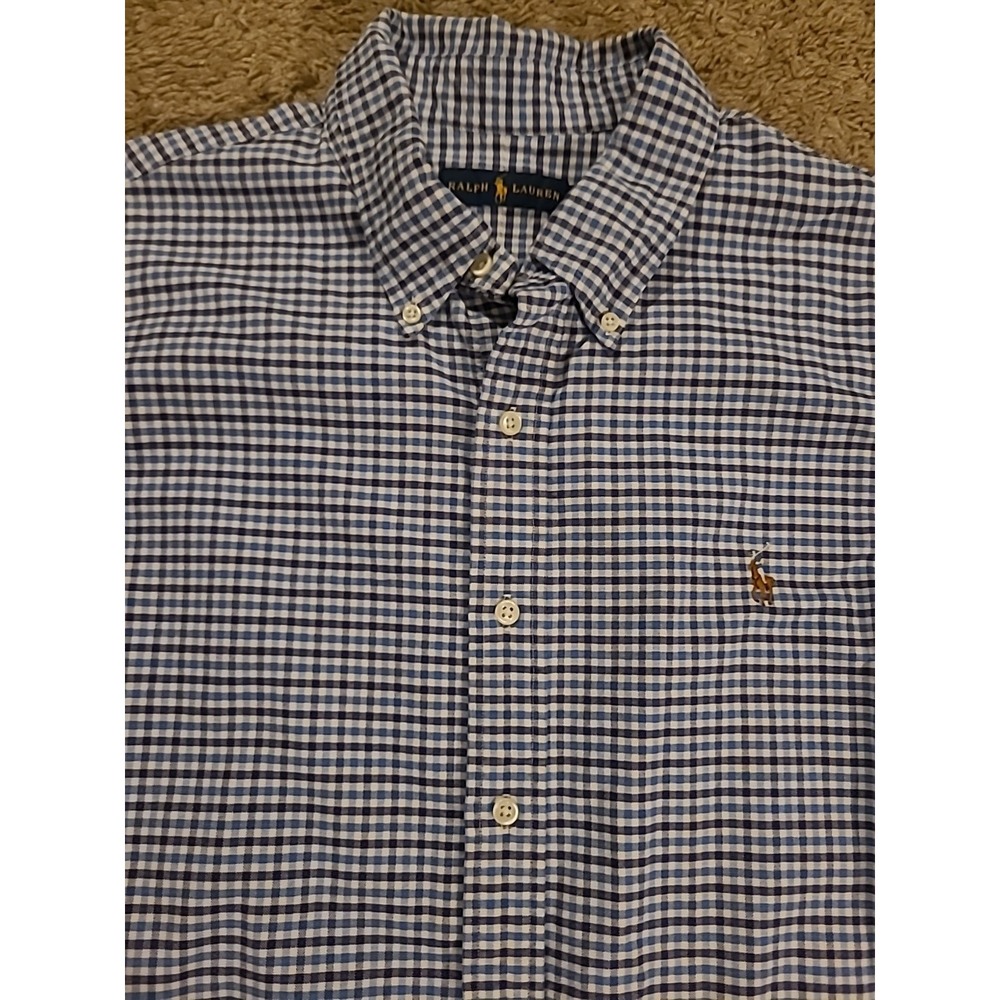 Ralph Lauren Shirt Mens 2X Long Sleeve Button Blue Check Cotton Flesh Pony